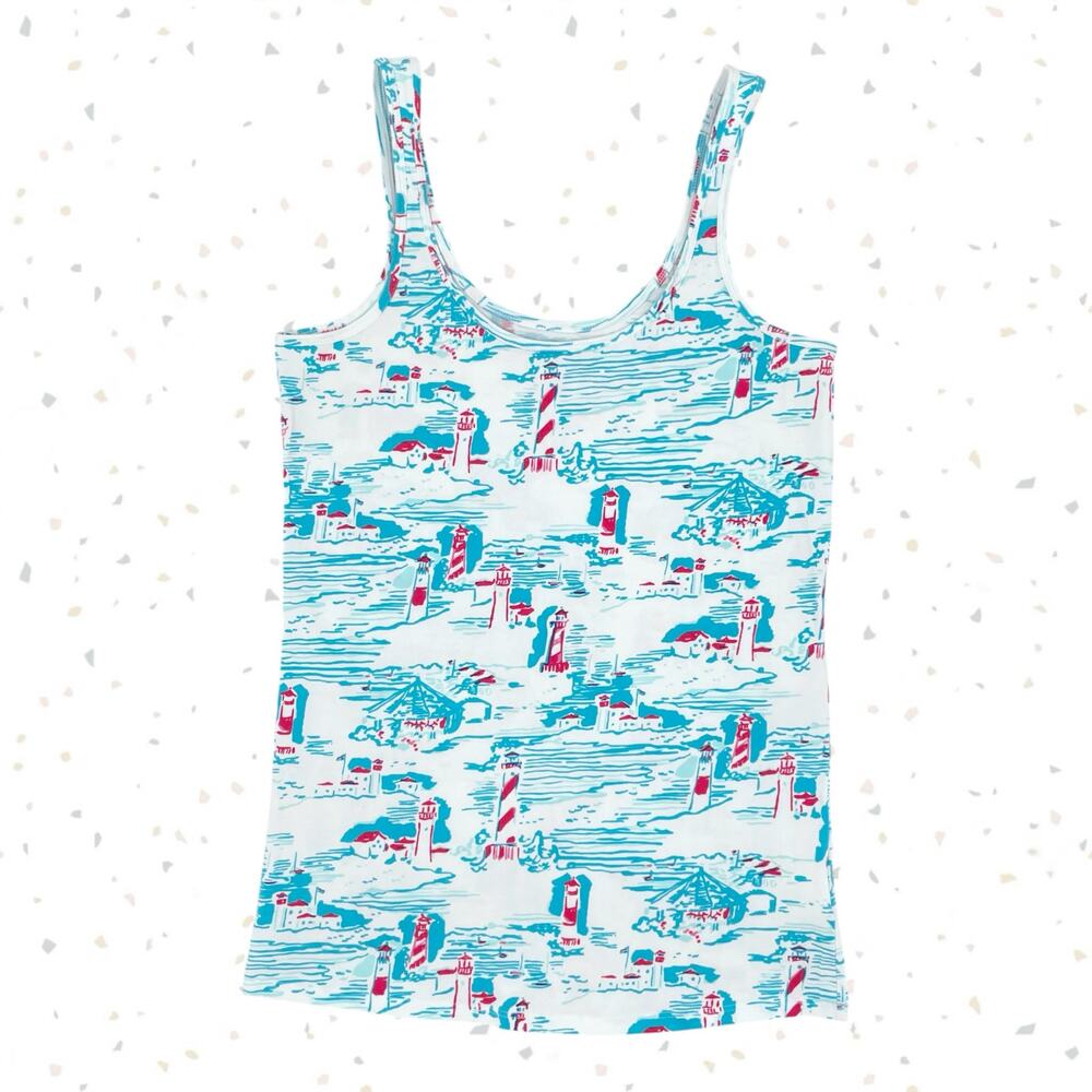 Lilly Pulitzer Tank Top Blue Red Lighthouses Boats Coastal Beach Summer Size M
